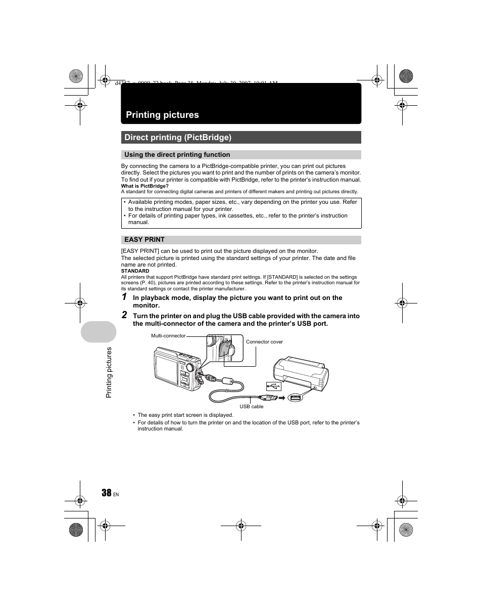 Printing pictures, Direct printing (pictbridge) | Olympus STYLUS 830 User Manual | Page 38 / 84