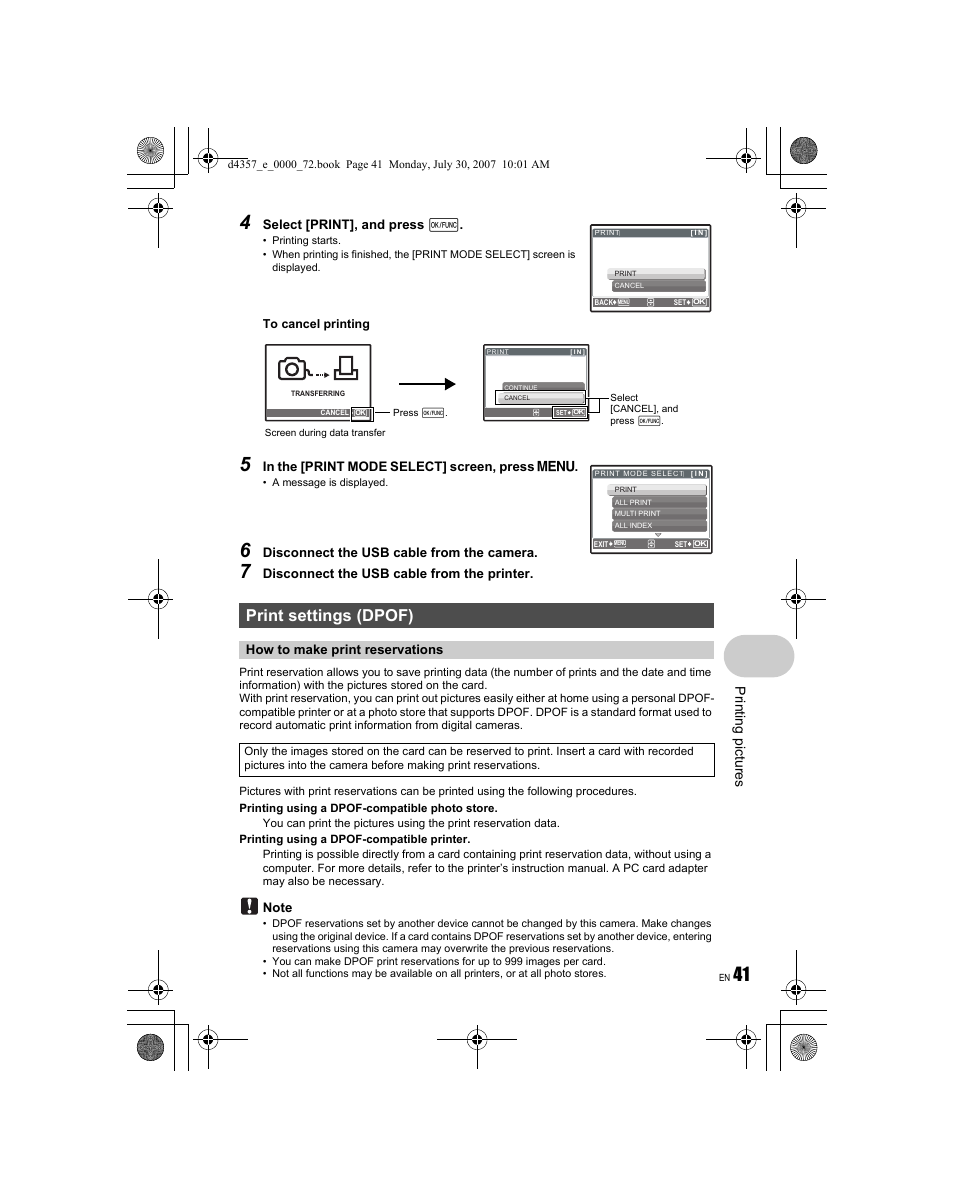 Print settings (dpof), Print ing pi ctu re s | Olympus STYLUS 830 User Manual | Page 41 / 84