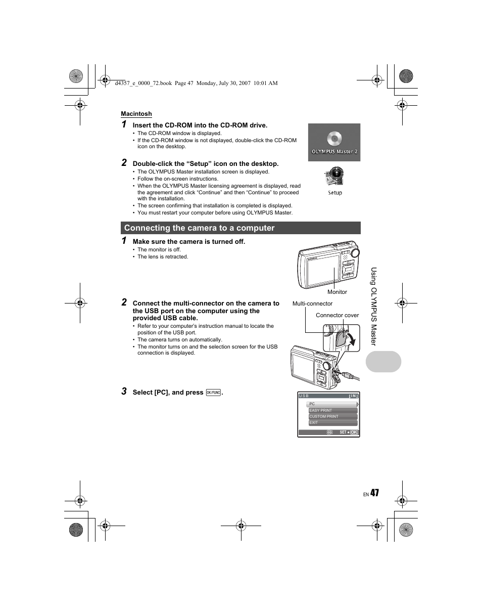 Connecting the camera to a computer | Olympus STYLUS 830 User Manual | Page 47 / 84