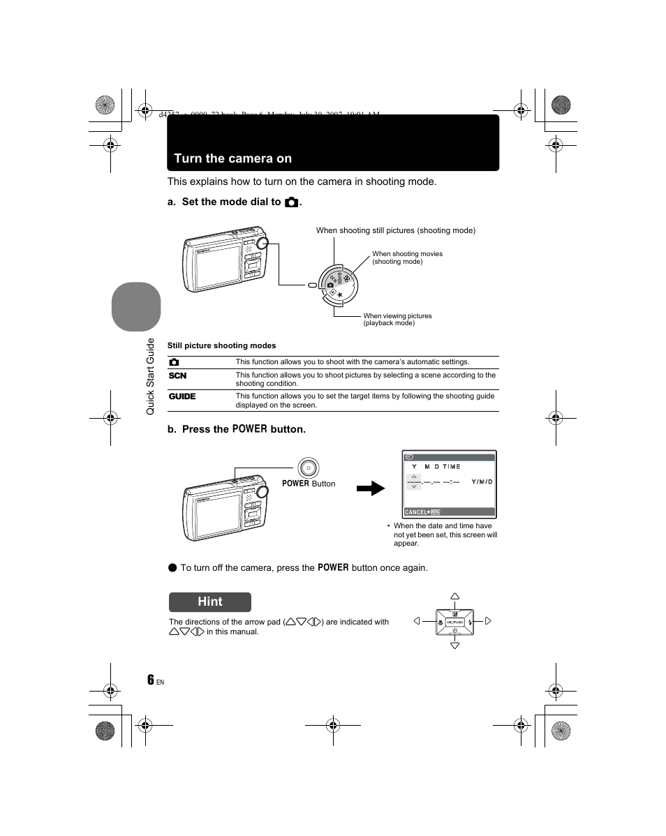 Turn the camera on, Hint | Olympus STYLUS 830 User Manual | Page 6 / 84