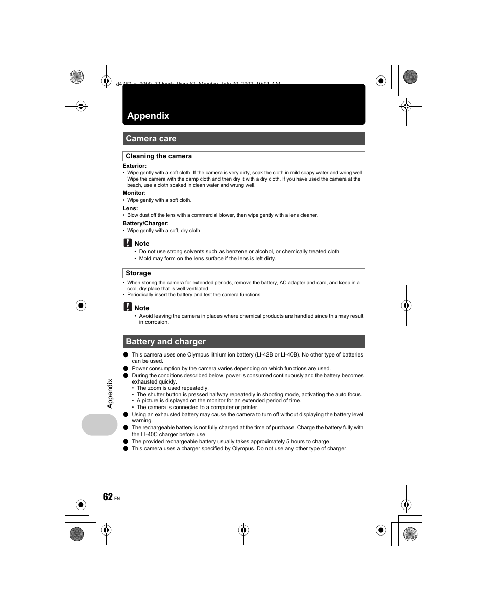 Appendix, Camera care, Battery and charger | Olympus STYLUS 830 User Manual | Page 62 / 84