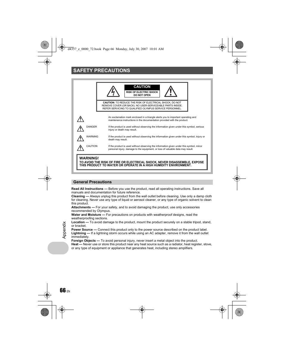 Safety precautions, Appen dix | Olympus STYLUS 830 User Manual | Page 66 / 84