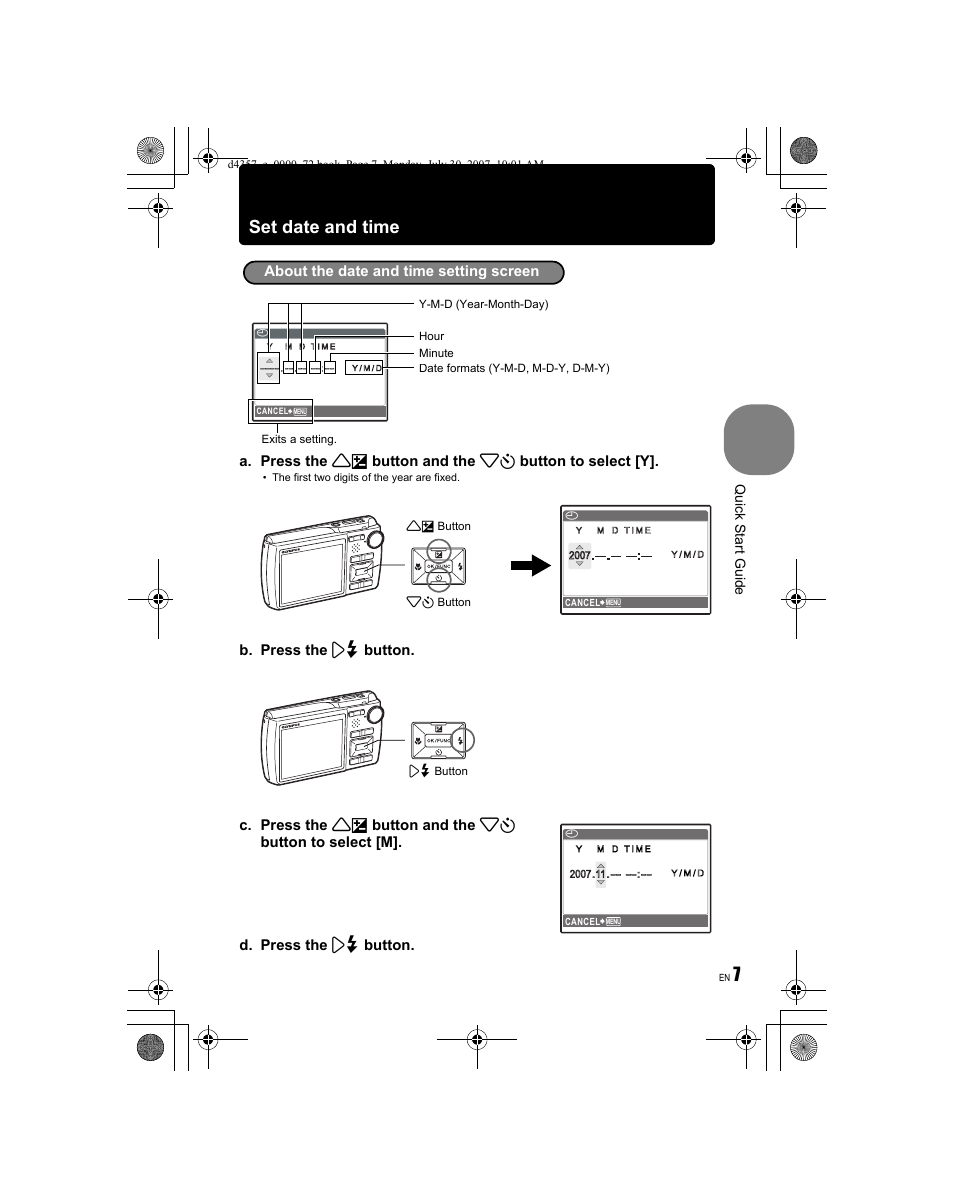 Set date and time, Quick start guid e | Olympus STYLUS 830 User Manual | Page 7 / 84