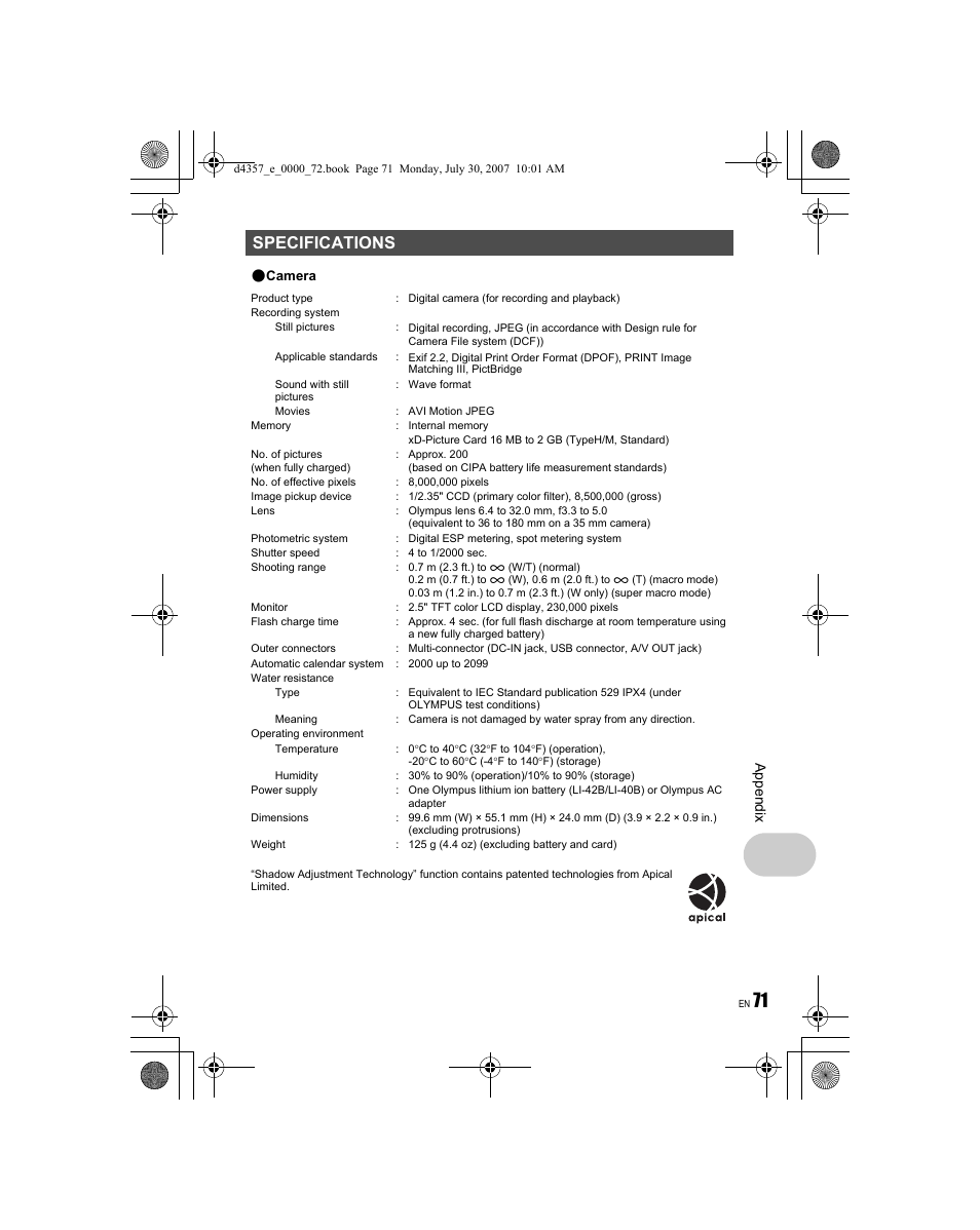 Specifications, Appe ndi x | Olympus STYLUS 830 User Manual | Page 71 / 84