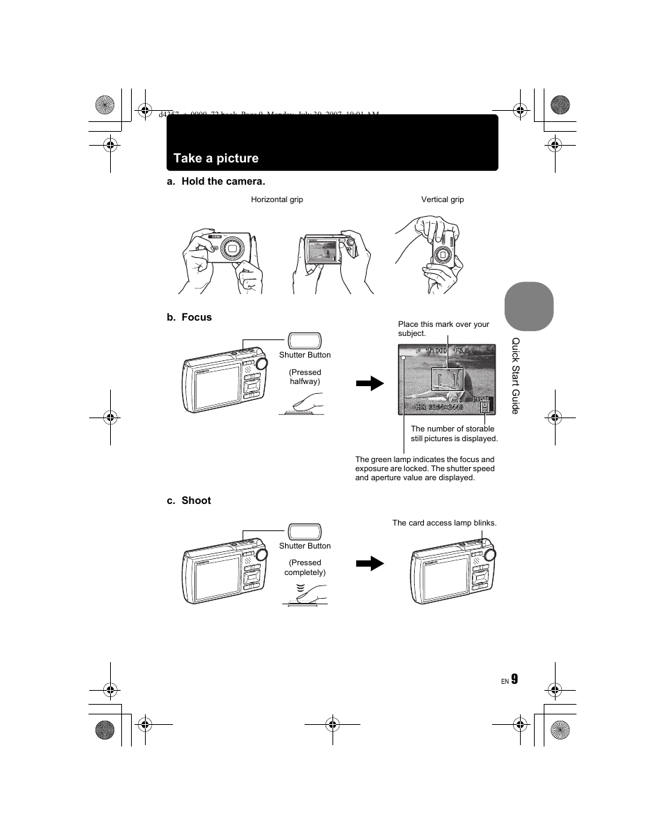 Take a picture | Olympus STYLUS 830 User Manual | Page 9 / 84