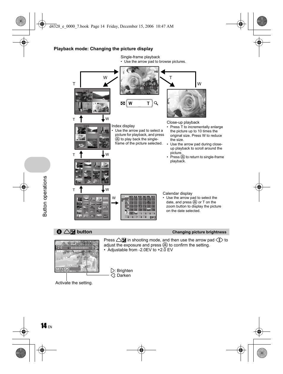 Button operations, 1f button, Playback mode: changing the picture display | Olympus Stylus 760 User Manual | Page 14 / 84