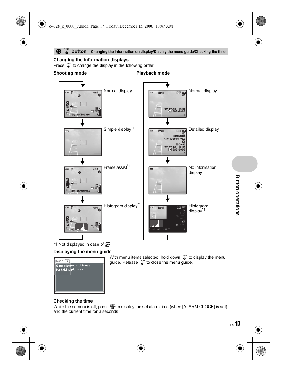 Button operati o ns, D button, Changing the information displays | Displaying the menu guide, Checking the time, Shooting mode, Playback mode, Frame assist, Simple display, Normal display | Olympus Stylus 760 User Manual | Page 17 / 84