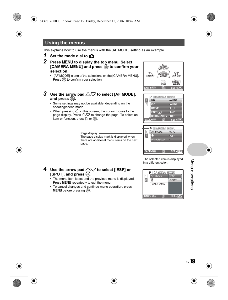 Using the menus, Menu operations, Set the mode dial to k | Olympus Stylus 760 User Manual | Page 19 / 84