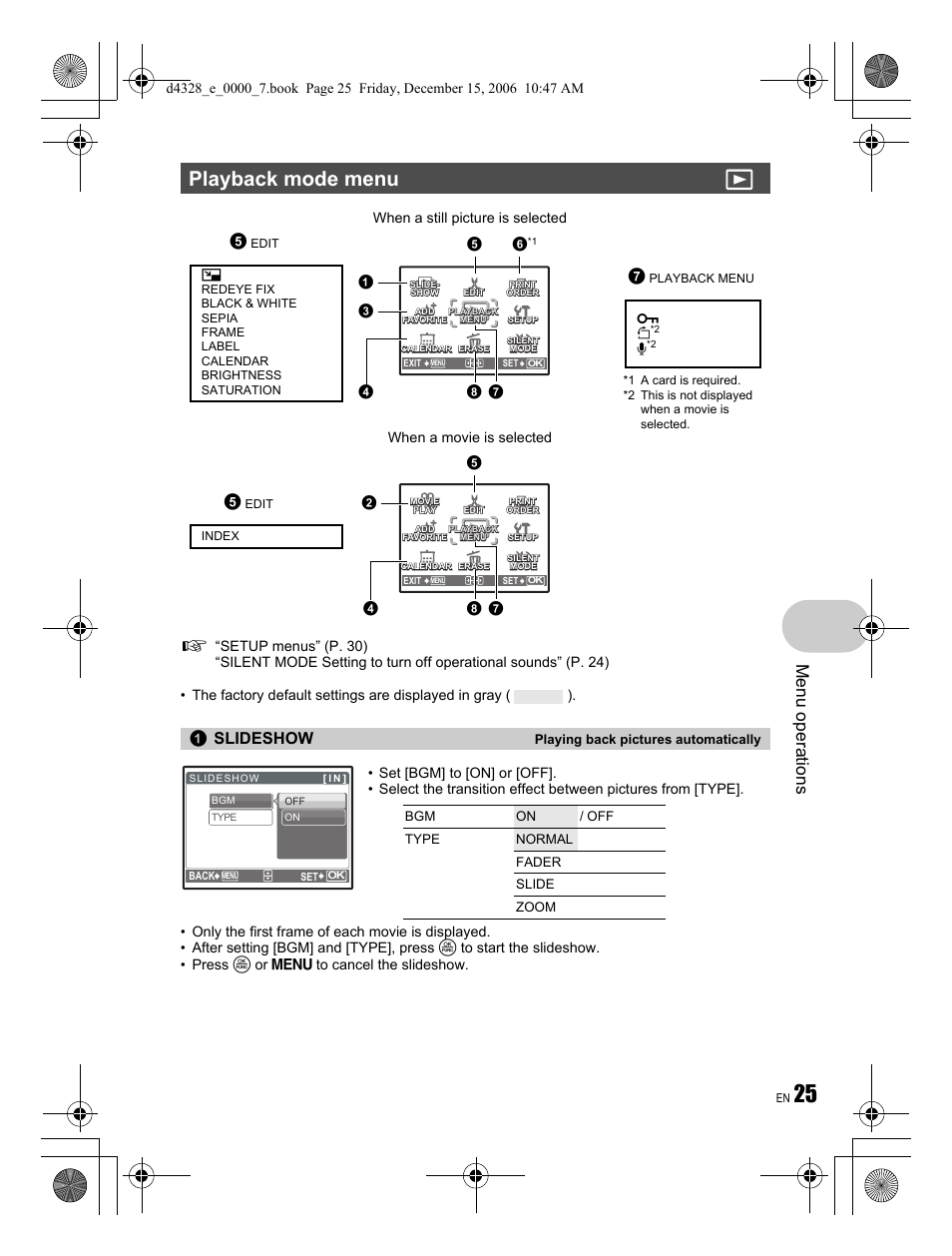 Playback mode menu q, Menu operations, Slideshow | Olympus Stylus 760 User Manual | Page 25 / 84