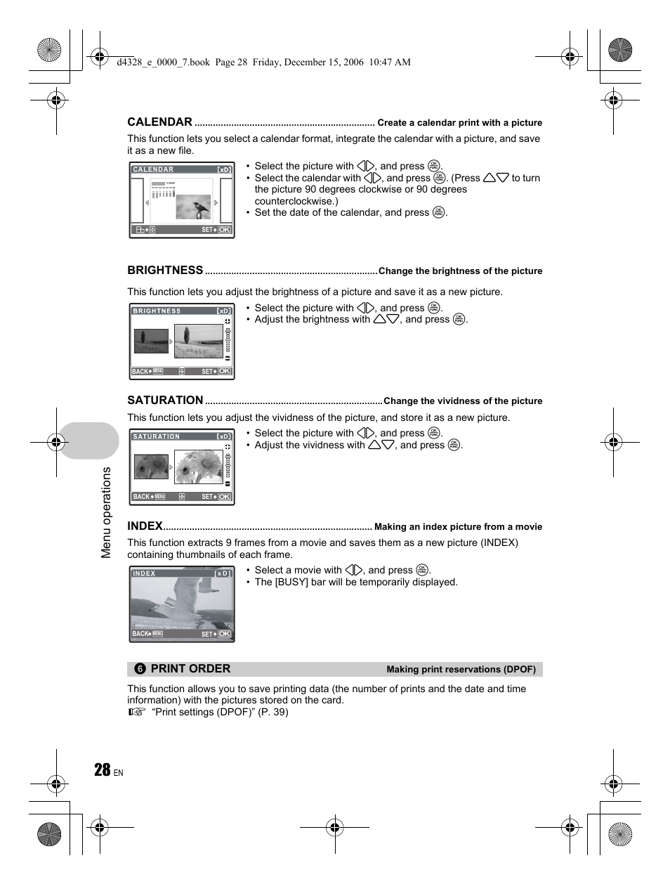 Menu operations, Calendar, Brightness | Saturation, Index, Print order | Olympus Stylus 760 User Manual | Page 28 / 84