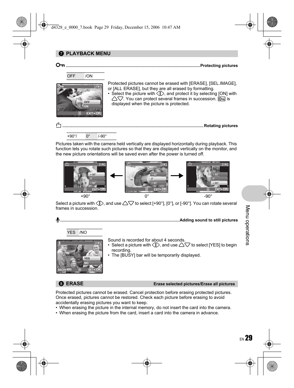 Menu operations, Playback menu 0, Erase | Olympus Stylus 760 User Manual | Page 29 / 84