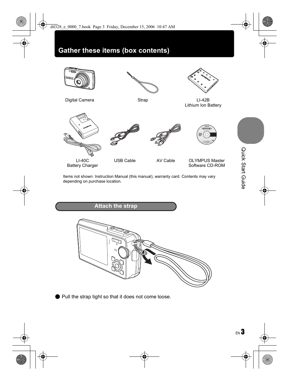 Gather these items (box contents) | Olympus Stylus 760 User Manual | Page 3 / 84