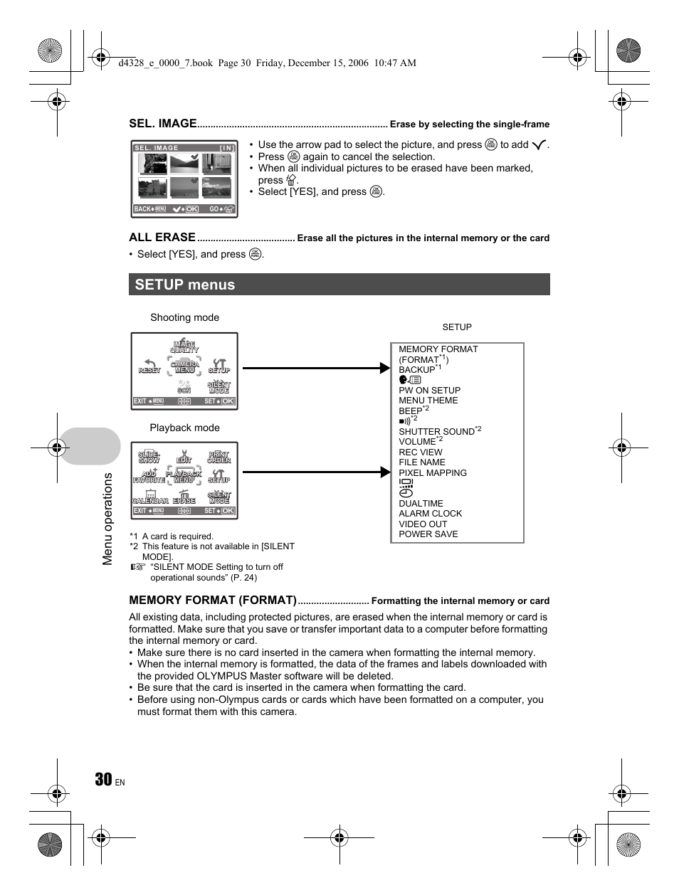 Setup menus, Menu operations, Sel. image | All erase | Olympus Stylus 760 User Manual | Page 30 / 84