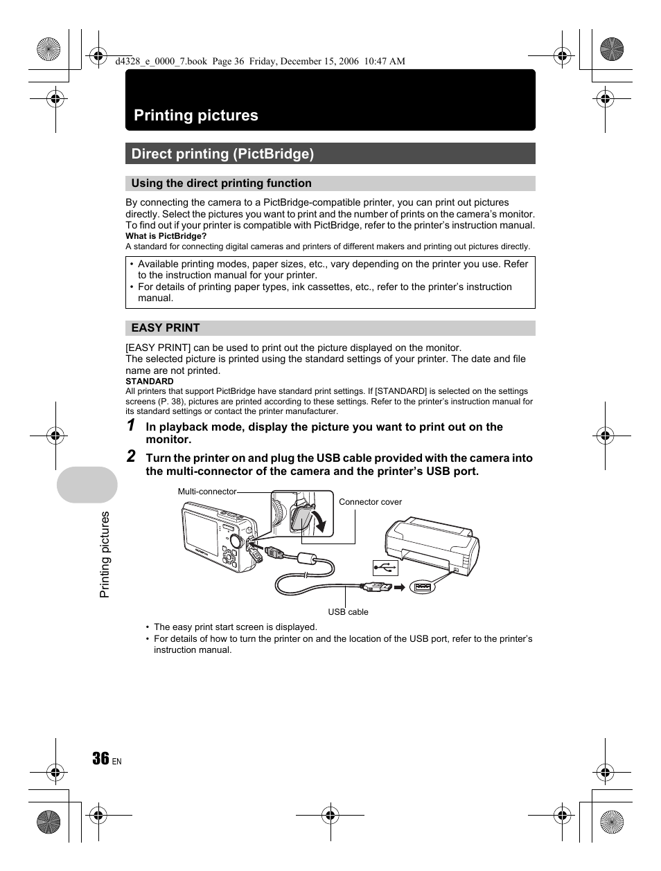 Printing pictures, Direct printing (pictbridge) | Olympus Stylus 760 User Manual | Page 36 / 84