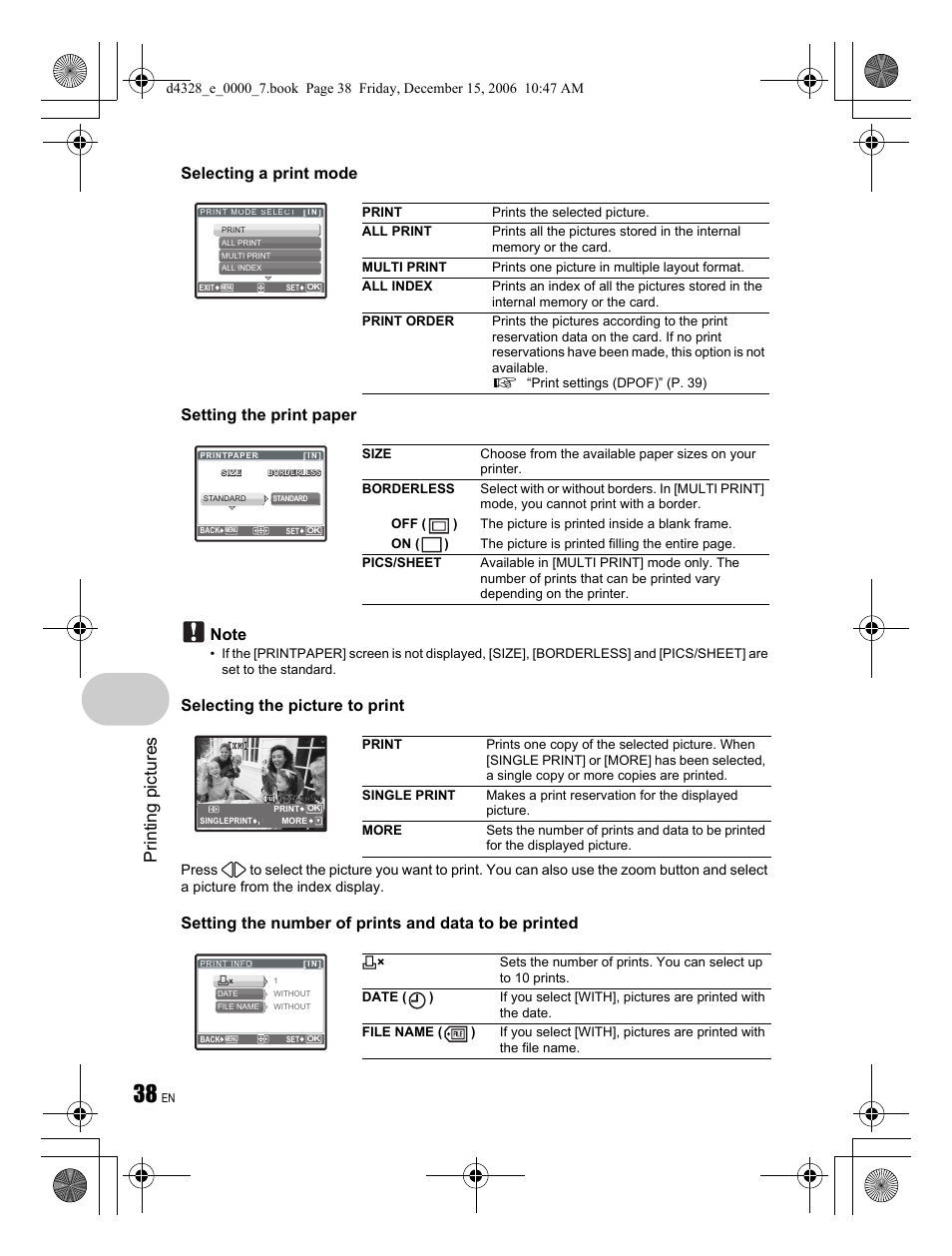 Printing pictures | Olympus Stylus 760 User Manual | Page 38 / 84