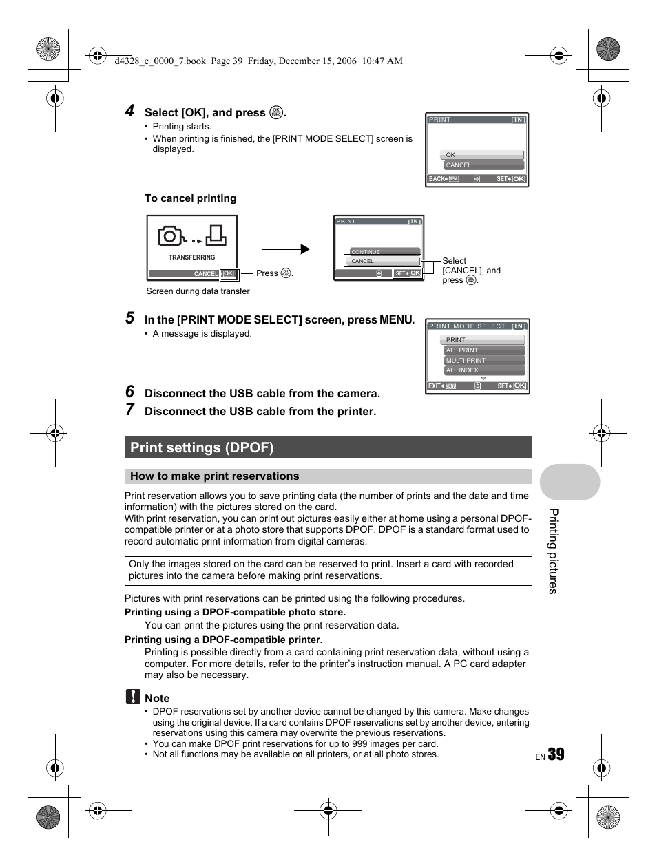 Print settings (dpof), Printing pictures, Select [ok], and press o | Disconnect the usb cable from the camera, Disconnect the usb cable from the printer, How to make print reservations | Olympus Stylus 760 User Manual | Page 39 / 84