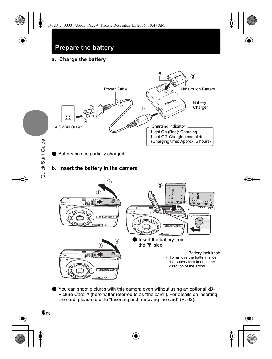 Prepare the battery | Olympus Stylus 760 User Manual | Page 4 / 84