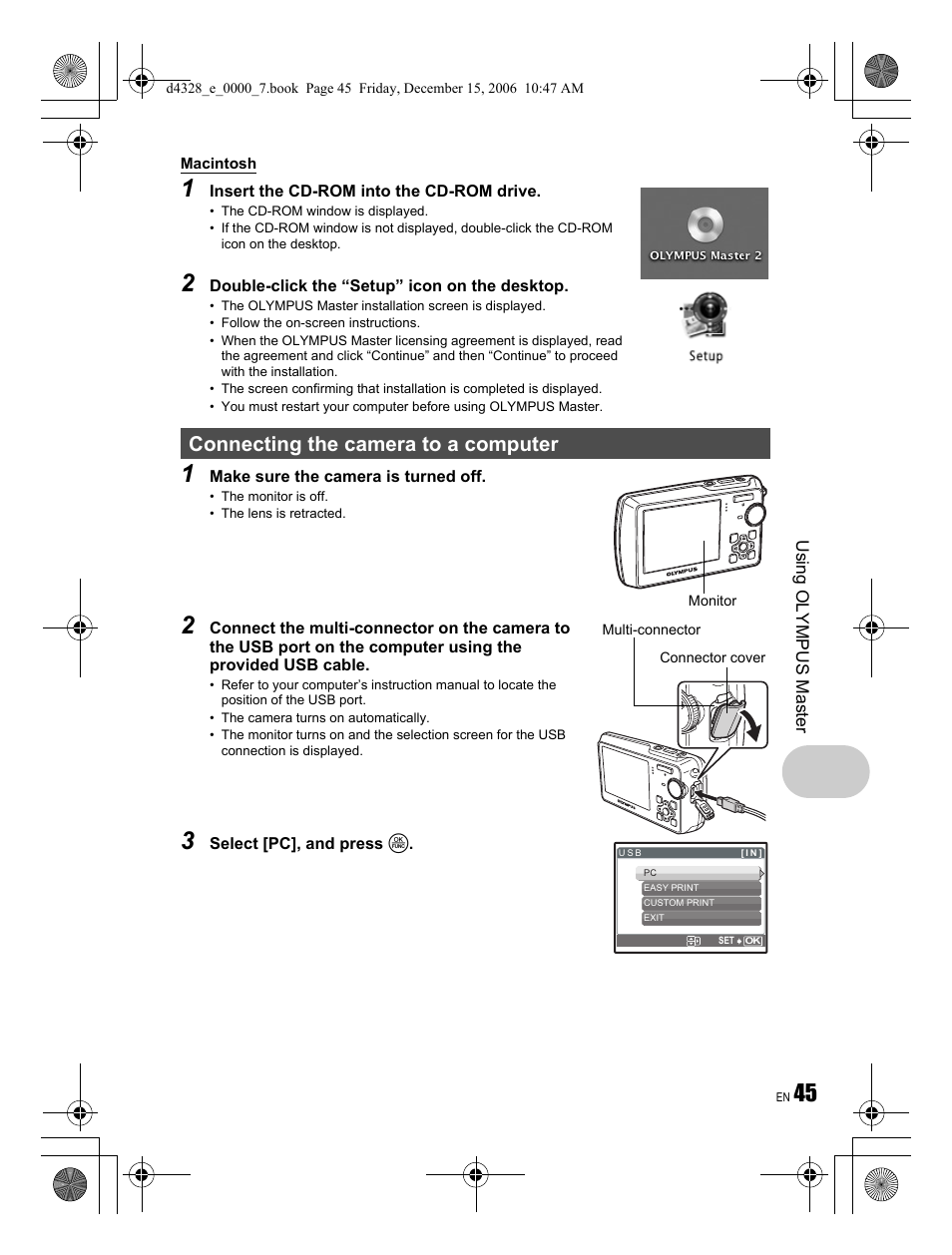 Connecting the camera to a computer | Olympus Stylus 760 User Manual | Page 45 / 84