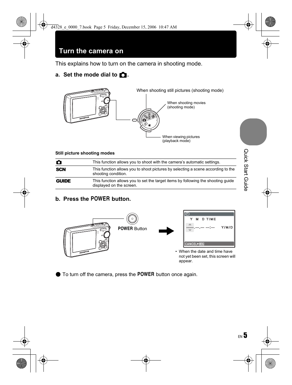 Turn the camera on, B. press the o button | Olympus Stylus 760 User Manual | Page 5 / 84