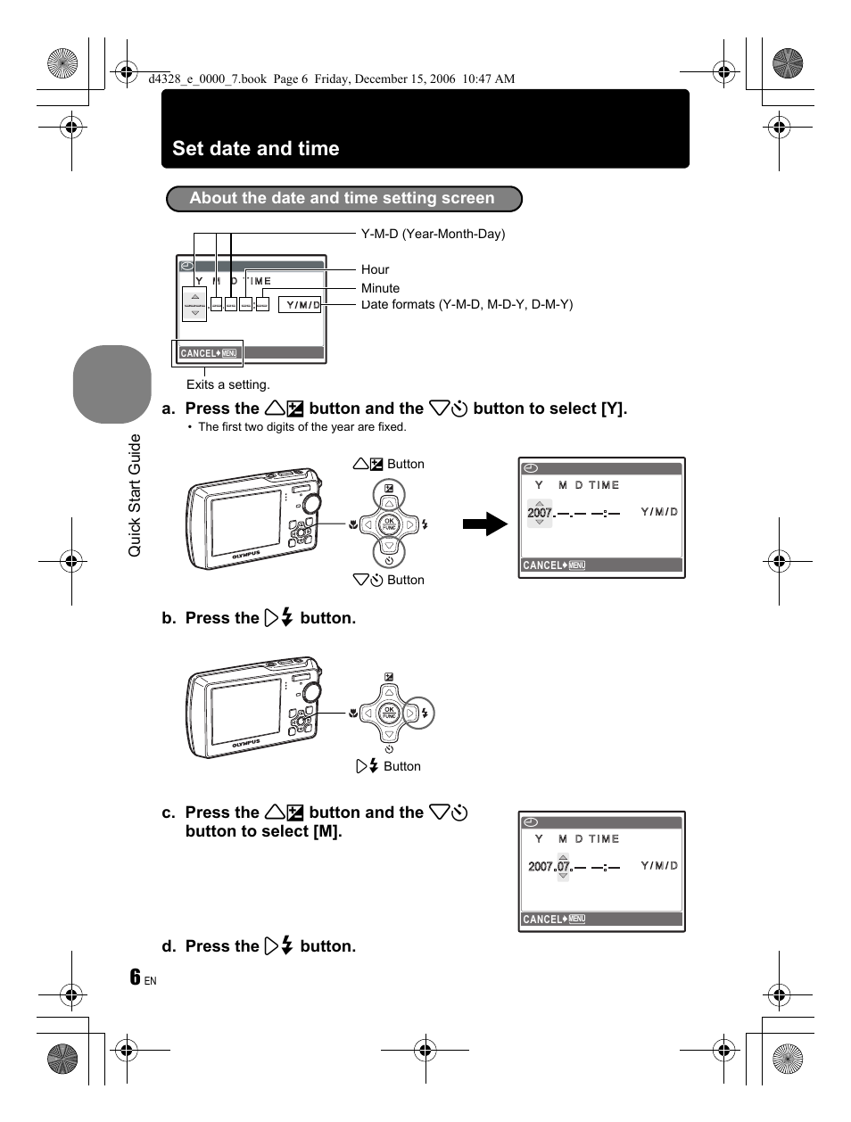 Set date and time, Quick start guide | Olympus Stylus 760 User Manual | Page 6 / 84