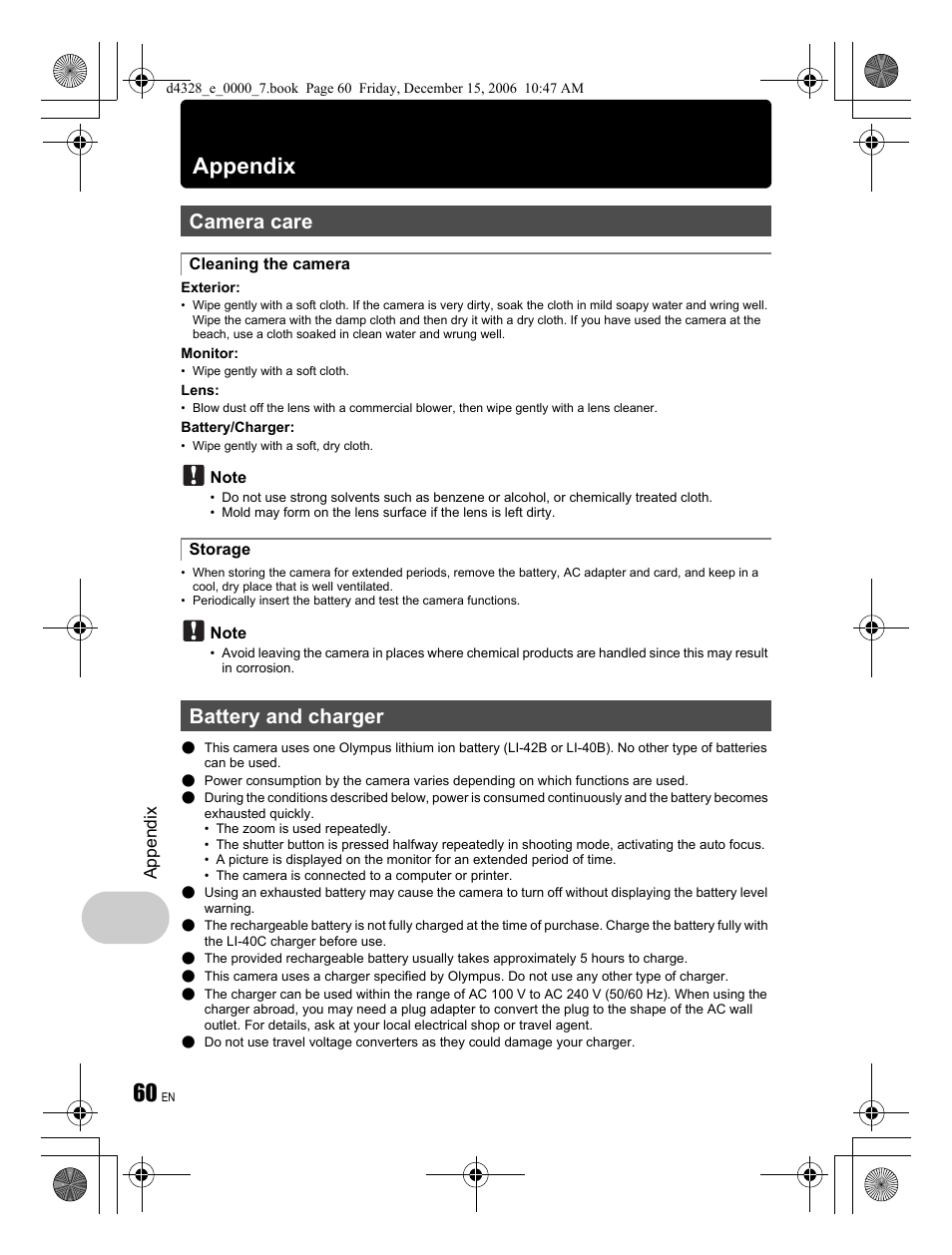 Appendix, Camera care, Battery and charger | Olympus Stylus 760 User Manual | Page 60 / 84