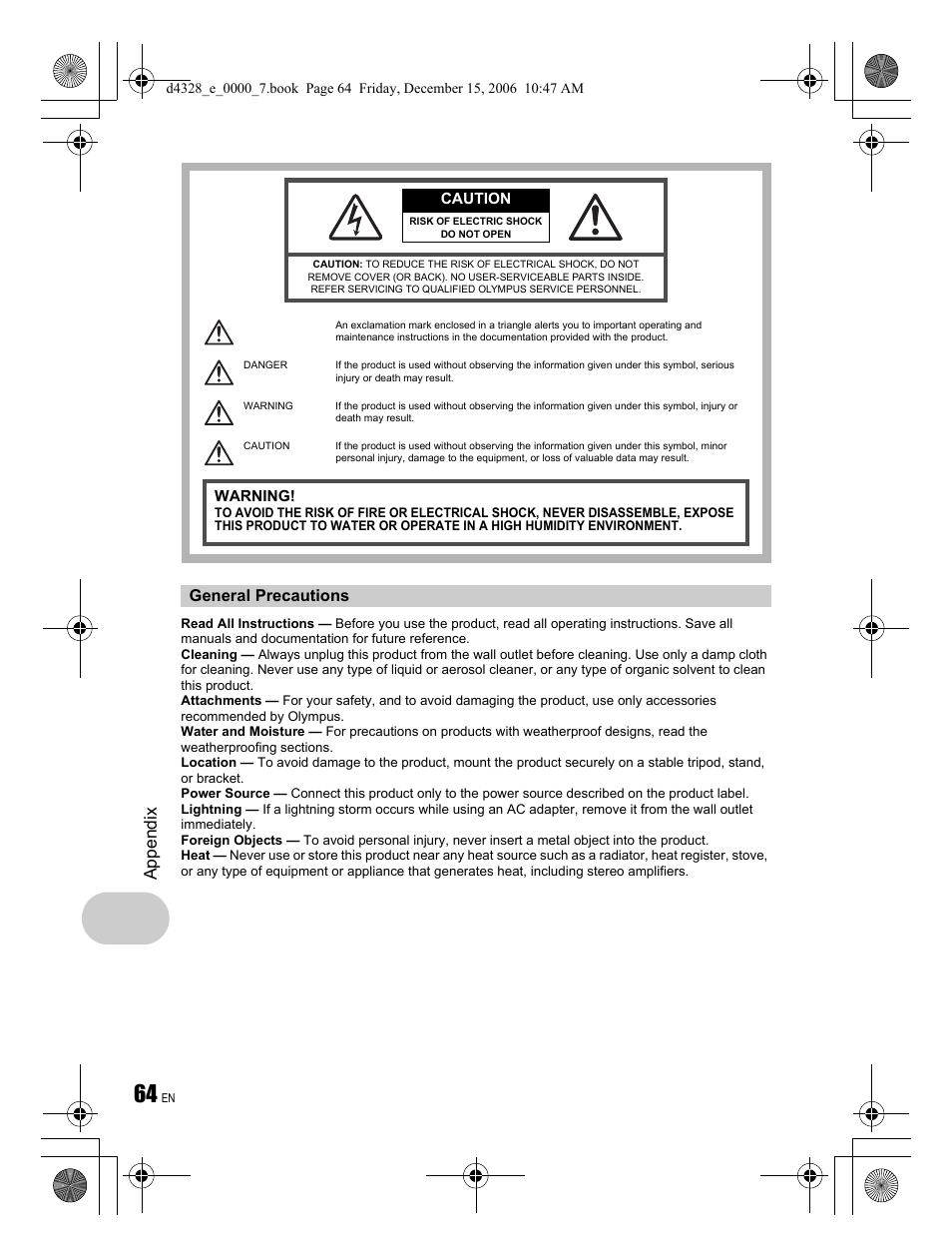 Appendix, General precautions | Olympus Stylus 760 User Manual | Page 64 / 84