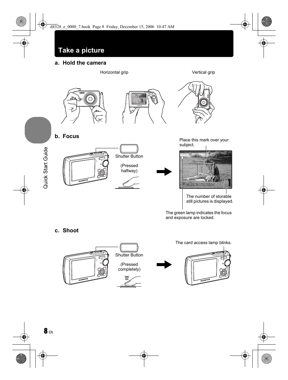 Take a picture, A. hold the camera c. shoot, B. focus | Olympus Stylus 760 User Manual | Page 8 / 84