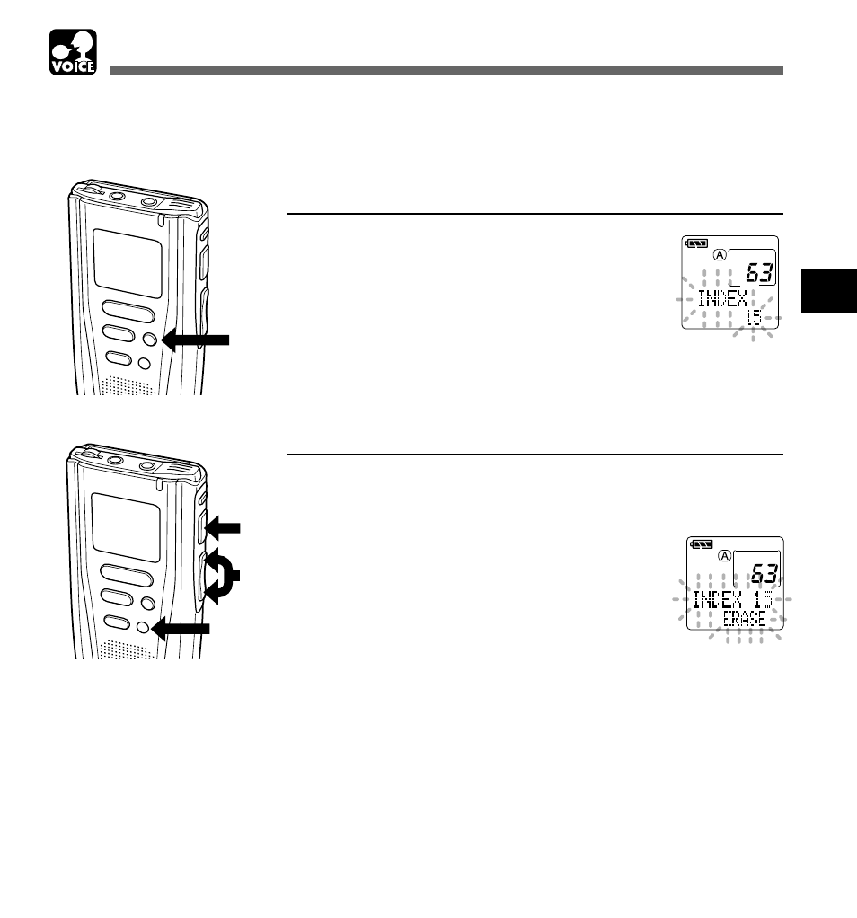 Index marks, Voice, Setting an index mark | Clearing an index mark | Olympus DM-1 Digital Voice Recorder User Manual | Page 27 / 64