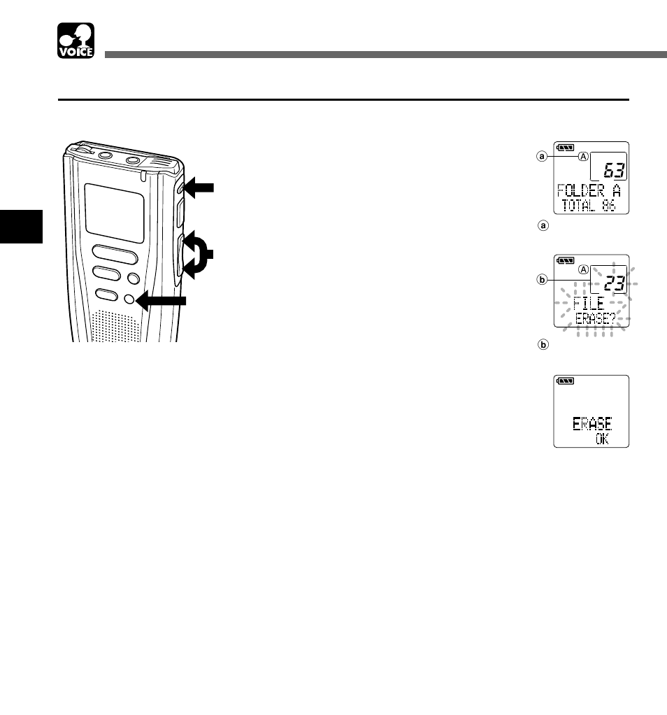 Erasing, Voice, Erasing one file at a time | Olympus DM-1 Digital Voice Recorder User Manual | Page 30 / 64
