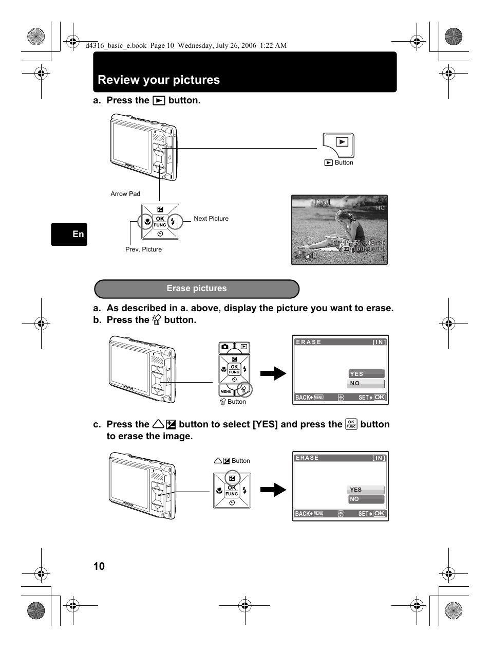 Review your pictures, Erase pictures | Olympus STYLUS 730 User Manual | Page 10 / 80