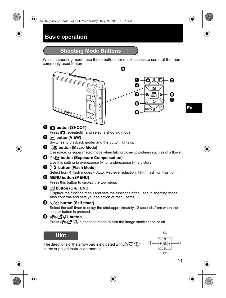 Basic operation, Shooting mode buttons, Hint | Olympus STYLUS 730 User Manual | Page 11 / 80