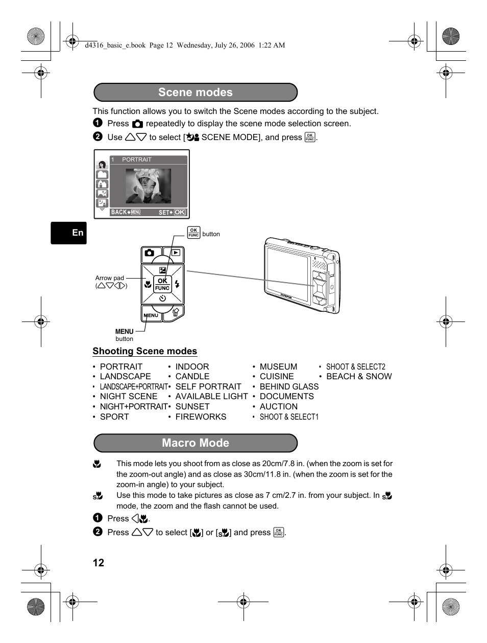 Scene modes, Macro mode | Olympus STYLUS 730 User Manual | Page 12 / 80