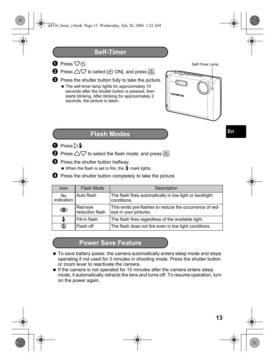 Self-timer, Flash modes power save feature | Olympus STYLUS 730 User Manual | Page 13 / 80