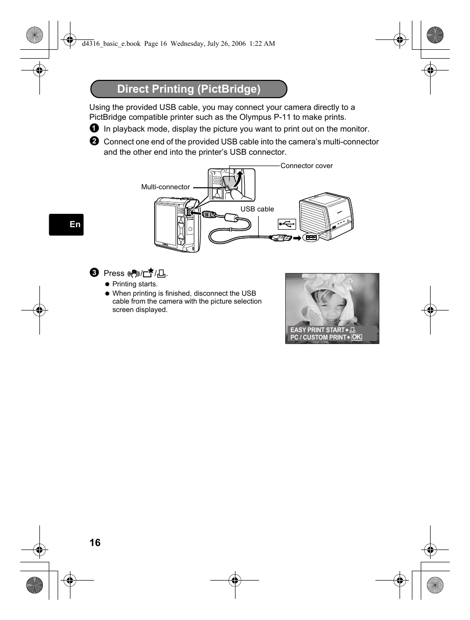 Direct printing (pictbridge) | Olympus STYLUS 730 User Manual | Page 16 / 80