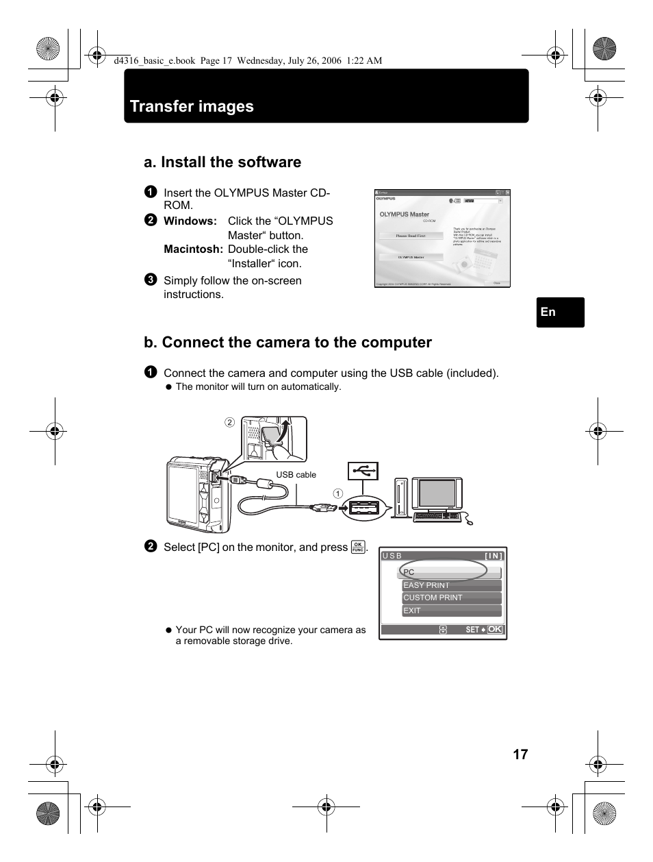 Transfer images, A. install the software, B. connect the camera to the computer | Olympus STYLUS 730 User Manual | Page 17 / 80