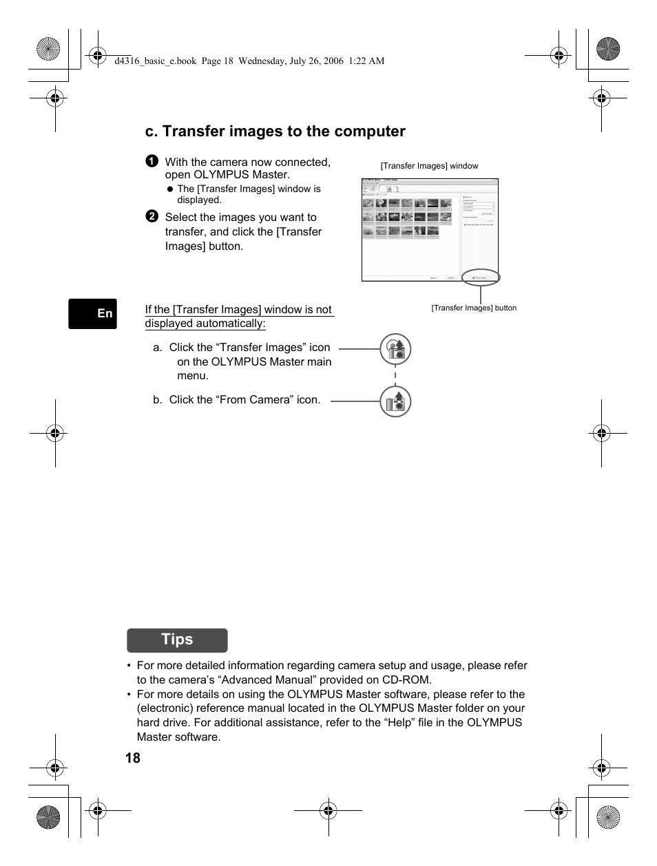 C. transfer images to the computer, Tips | Olympus STYLUS 730 User Manual | Page 18 / 80