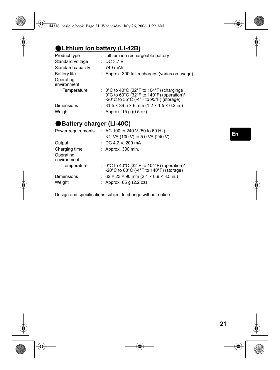 Lithium ion battery (li-42b), Battery charger (li-40c) | Olympus STYLUS 730 User Manual | Page 21 / 80