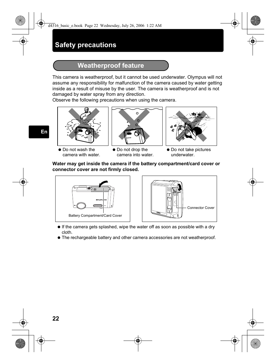 Safety precautions, Weatherproof feature | Olympus STYLUS 730 User Manual | Page 22 / 80