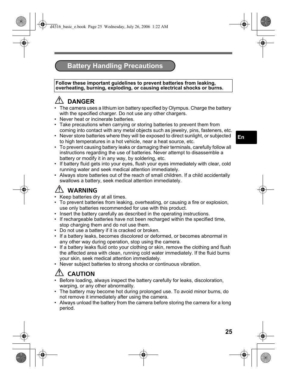 Battery handling precautions | Olympus STYLUS 730 User Manual | Page 25 / 80