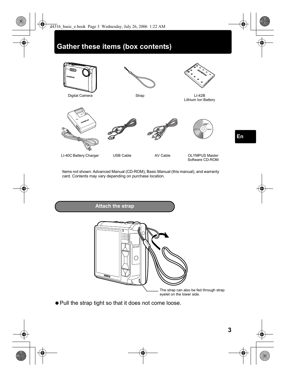 Gather these items (box contents) | Olympus STYLUS 730 User Manual | Page 3 / 80