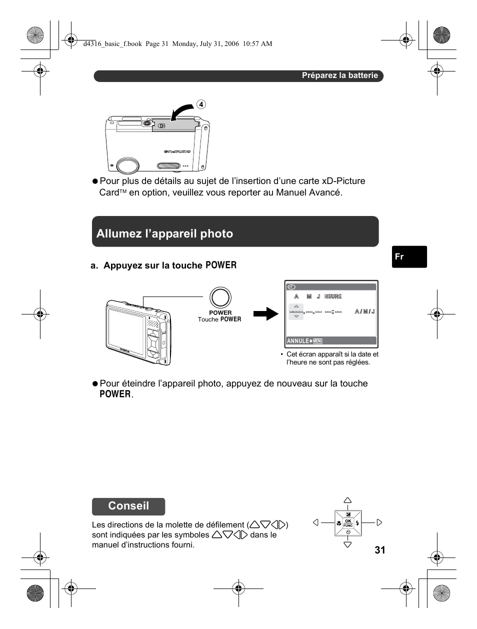 Allumez l’appareil photo, Conseil | Olympus STYLUS 730 User Manual | Page 31 / 80