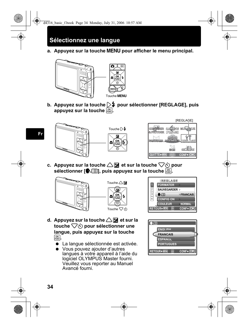 Sélectionnez une langue | Olympus STYLUS 730 User Manual | Page 34 / 80