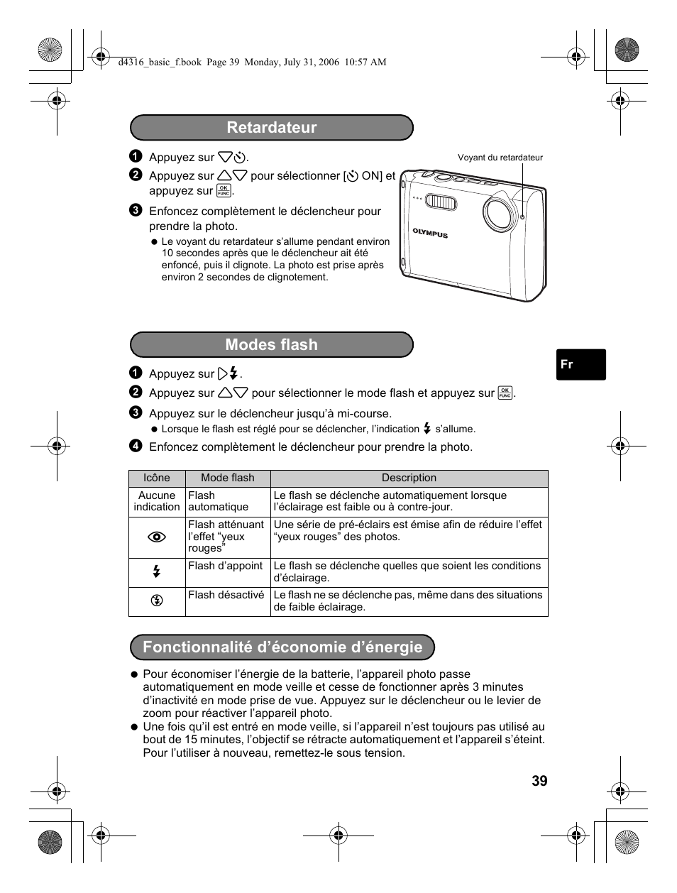 Retardateur, Modes flash fonctionnalité d’économie d’énergie | Olympus STYLUS 730 User Manual | Page 39 / 80