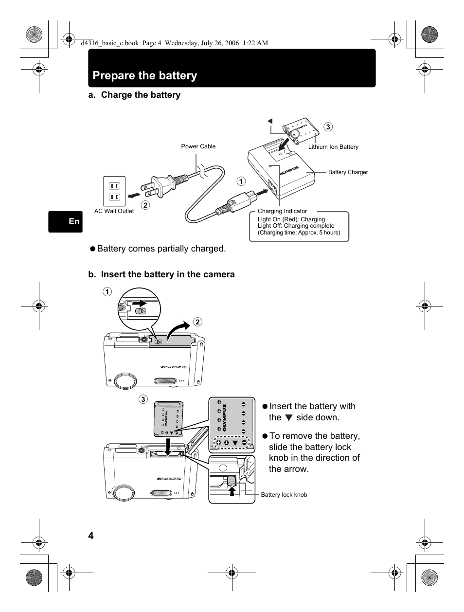 Prepare the battery | Olympus STYLUS 730 User Manual | Page 4 / 80