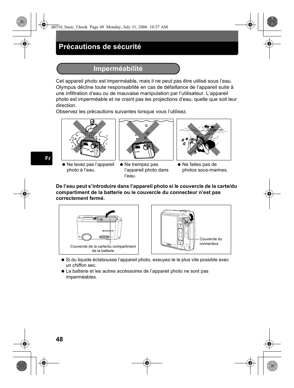 Précautions de sécurité, Imperméabilité | Olympus STYLUS 730 User Manual | Page 48 / 80