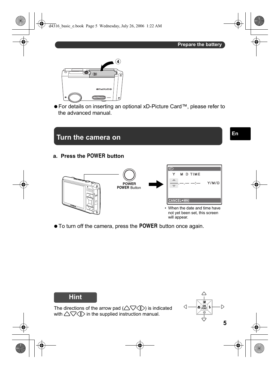 Turn the camera on, Hint | Olympus STYLUS 730 User Manual | Page 5 / 80