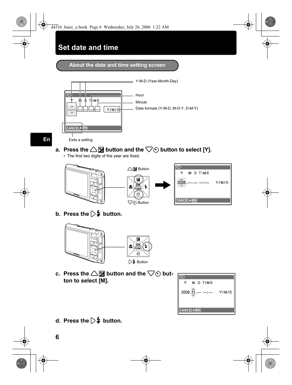 Set date and time, About the date and time setting screen | Olympus STYLUS 730 User Manual | Page 6 / 80