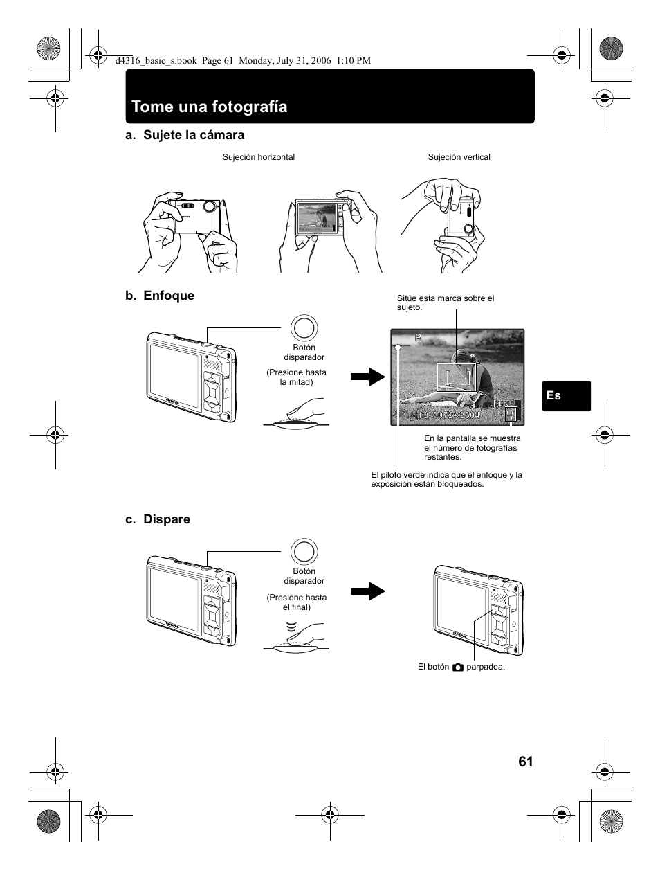 Tome una fotografía, A. sujete la cámara c. dispare, B. enfoque | Olympus STYLUS 730 User Manual | Page 61 / 80