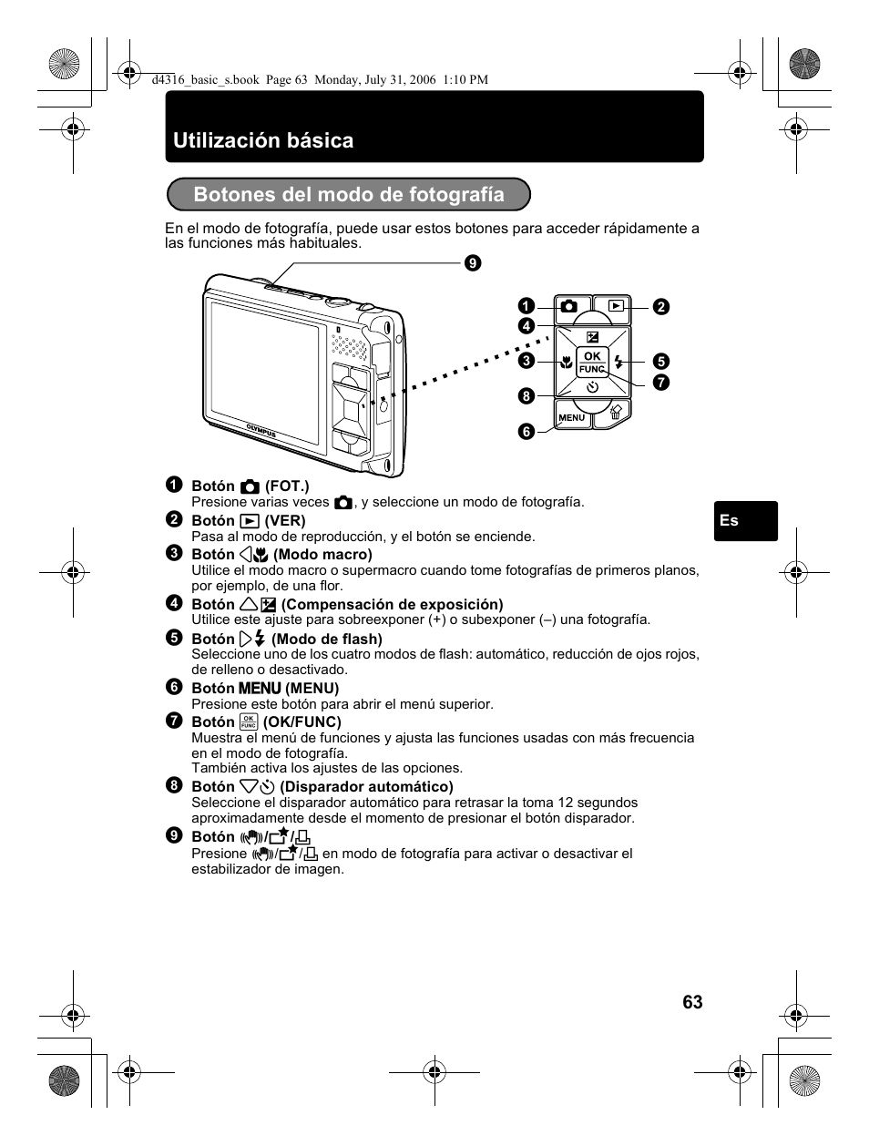 Utilización básica, Botones del modo de fotografía | Olympus STYLUS 730 User Manual | Page 63 / 80
