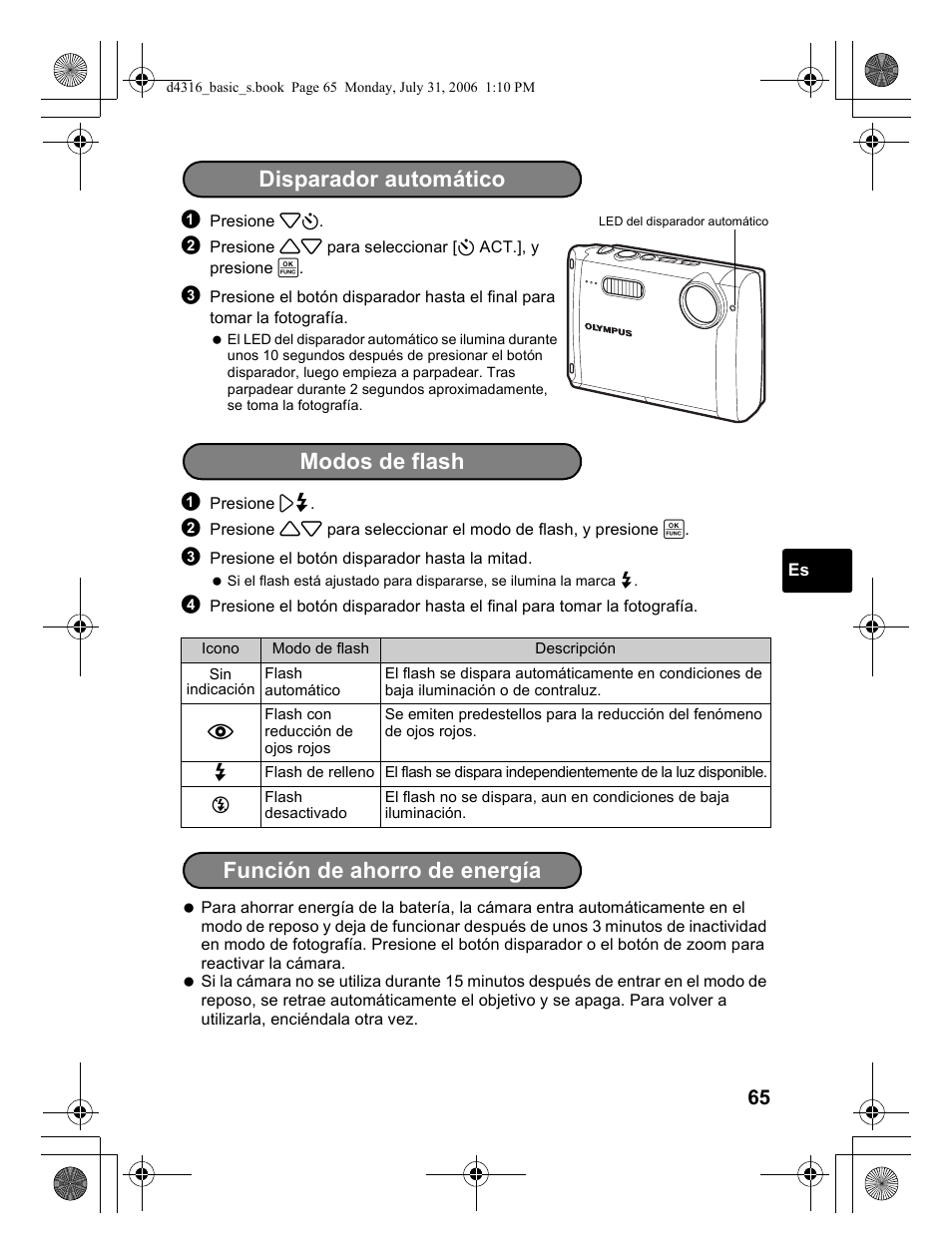 Disparador automático, Modos de flash función de ahorro de energía | Olympus STYLUS 730 User Manual | Page 65 / 80